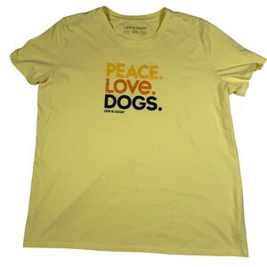 Life is Good Womens XXL Yellow Peace Love Dogs Graphic T Shirt Short Sleeve